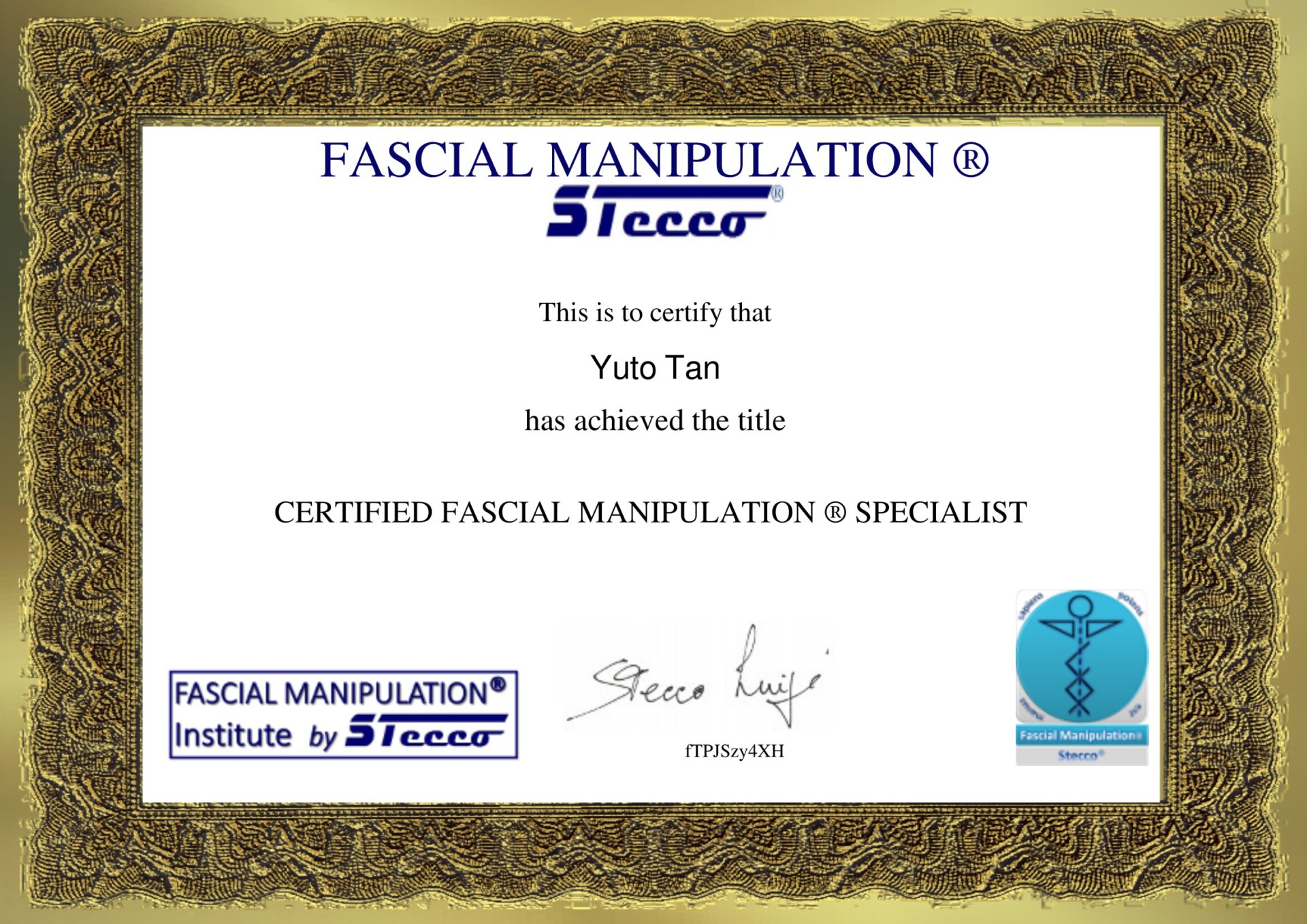 Fascial Manipulation認定証 静岡市唯一のイタリア認定スペシャリスト